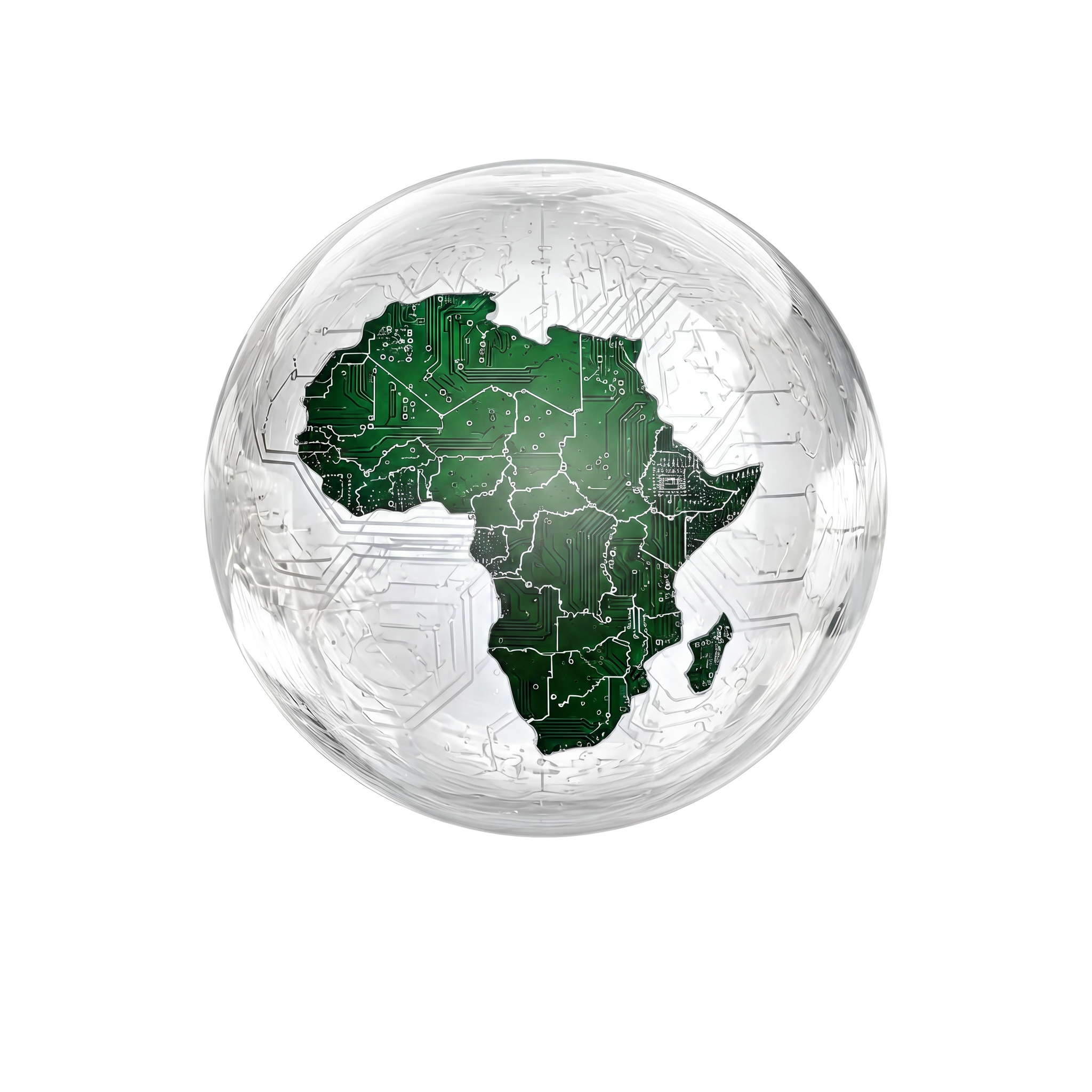 Glass sphere with internal circuit patterns showing Africa